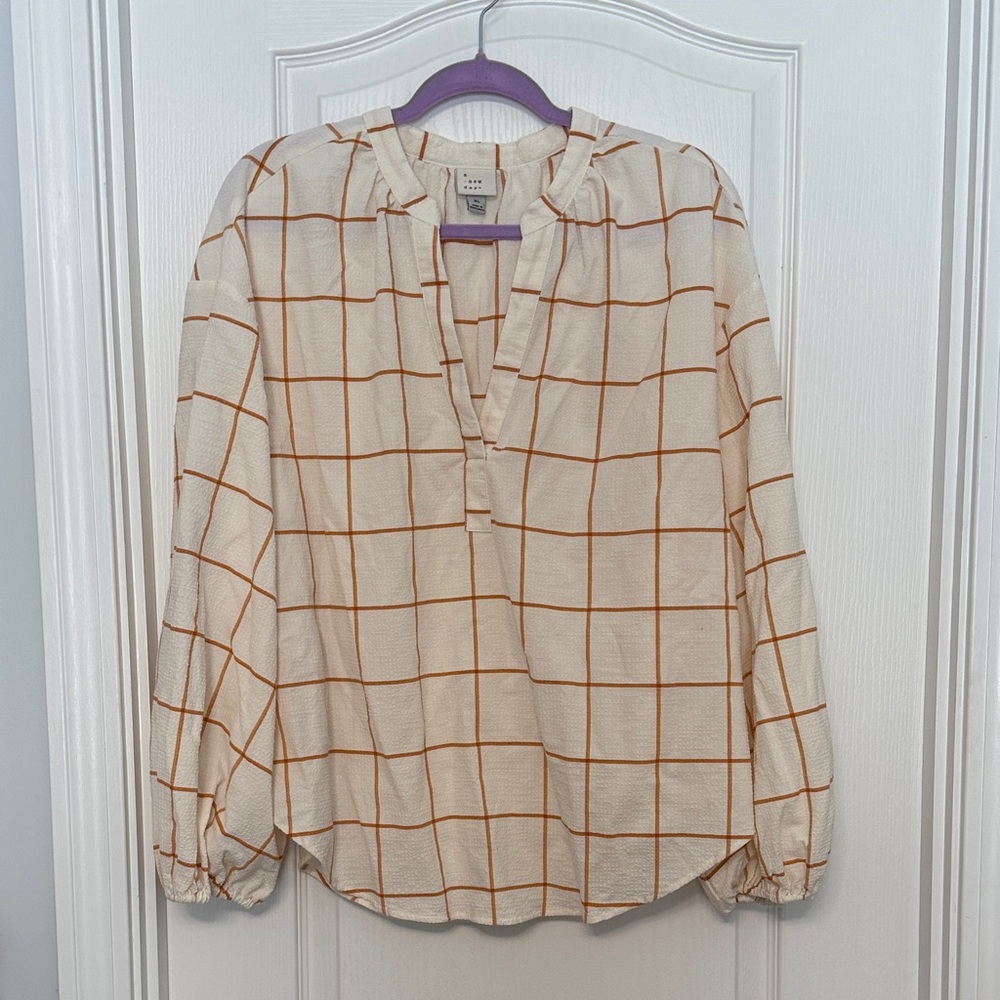 Cream and Brown Checkered Blouse